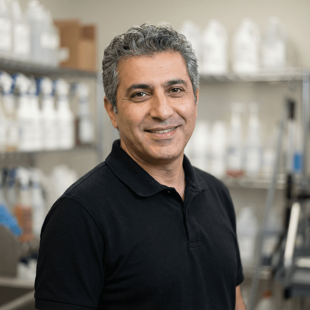 Male cleaning specialist in his mid 20s, Black, friendly and professional, holding a microfiber cloth in a modern office space