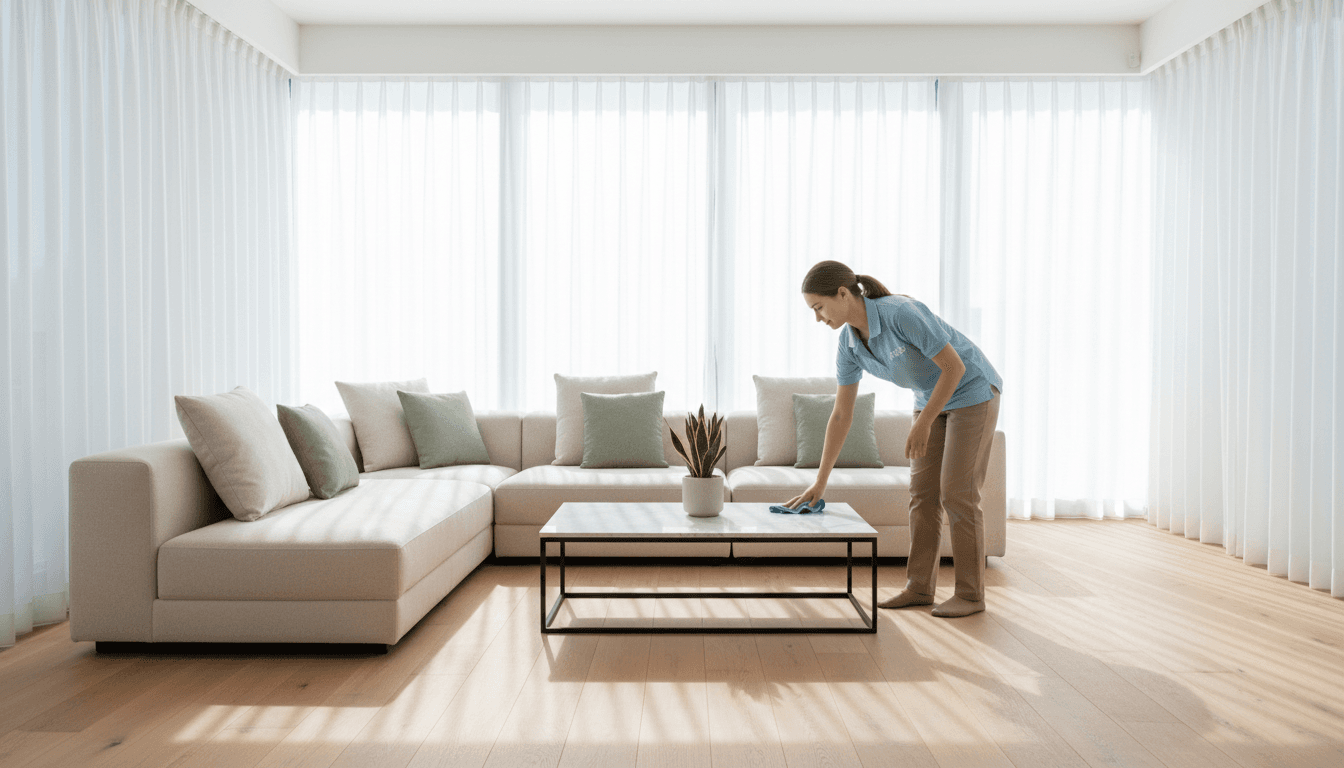 Bright modern living room with sunlight and a cleaner wiping a coffee table