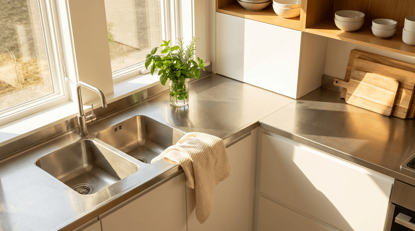 Bright kitchen with a cleaner reviewing a checklist
