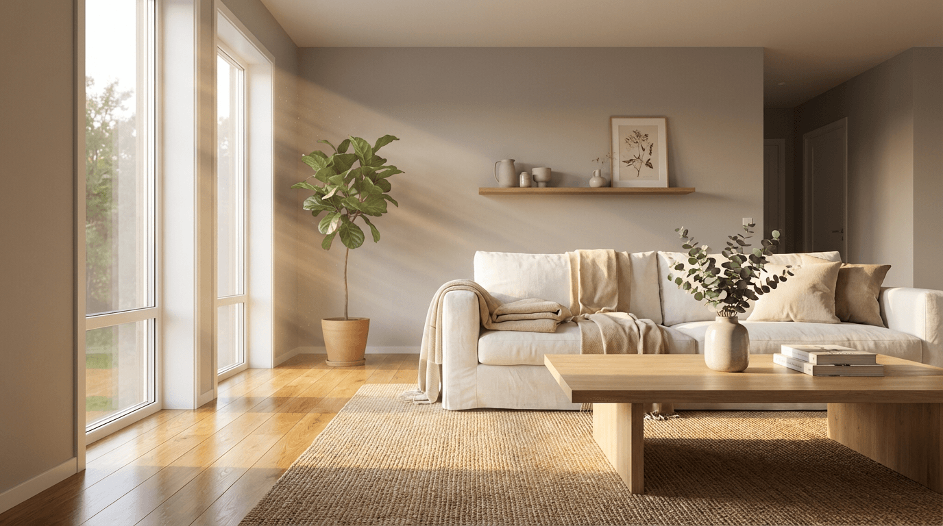Bright living room with large windows and freshly cleaned surfaces
